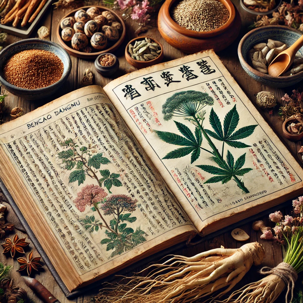 DALL·E 2025 03 17 18.13.30 An image of a traditional Chinese herbal medicine book Bencao Gangmu resting on a wooden table. The books pages feature ancient Chinese script an