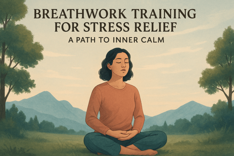 Breathwork Training for Stress Relief: A Path to Inner Calm, showcasing a person practicing breathwork in a serene and tranquil environment. The atmosphere is peaceful, with soft lighting illuminating the individual. Nature elements like trees, mountains, and a calm sky surround the scene, reflecting the inner calm and mental clarity achieved through breathwork. The person is engaged in deep, mindful breathing, exuding a sense of relaxation and clarity