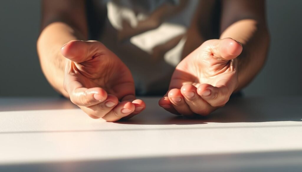 A close-up illustration of a person's hands performing the box breathing technique. The hands are placed palms-up on a plain, light-colored surface, with the fingers gently curled and the thumbs slightly raised. The scene is lit from the side, casting soft, dramatic shadows and highlights that accentuate the hand's form and the breathing motion. The background is slightly blurred, keeping the focus on the hands and the breathing exercise. The overall mood is one of calm, serenity, and mindfulness, reflecting the restorative nature of the box breathing technique.