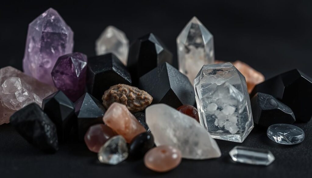 A close-up shot of an assortment of various natural crystals and gemstones arranged on a dark, moody background. The crystals include amethyst, quartz, rose quartz, obsidian, and clear quartz, each with their unique shapes, colors, and textures. The lighting is soft and diffused, creating subtle shadows and highlights that accentuate the natural beauty and energy of the stones. The image has a calming, mystical atmosphere, conveying the power and potential of these stones for energy work and spiritual practices. The camera angle is slightly elevated, allowing the viewer to see the intricate details and feel the presence of the crystals.