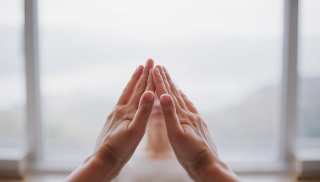 A close-up view of a person's hands performing the box breathing technique. The hands are shown in the foreground, with the fingers extended and palms facing upwards. In the middle ground, a peaceful, serene environment with soft, diffused lighting, perhaps a tranquil natural setting or a minimalist interior. The background is blurred, creating a sense of focus on the breathing exercise. The overall mood is one of calmness, relaxation, and mindfulness, capturing the essence of the box breathing technique for immediate stress relief.
