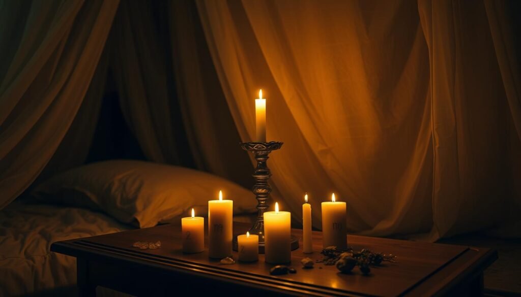 A cozy, dimly lit bedroom with a large, ornate candle holder on a wooden nightstand. The candle flickers softly, casting warm, golden light across the room. Delicate, hand-crafted candles of various colors and shapes surround the holder, some adorned with symbolic runes or crystals. The walls are draped in sheer, flowing fabrics, creating a mystical, ethereal atmosphere. A few scattered spell ingredients, such as herbs and stones, are visible on the nightstand, hinting at the practice of candle magick. The scene is captured from a low angle, emphasizing the importance and power of the ritual tools.