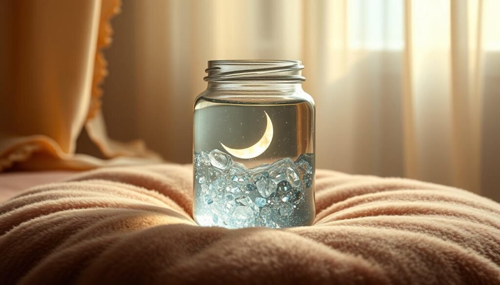 A crystal-infused glass jar filled with shimmering, translucent liquid, resting upon a soft, plush velvet surface. The jar's contents emit a mesmerizing glow, reflecting the waxing crescent moon peeking through a gauzy, ethereal curtain in the background. Delicate wisps of mist swirl around the jar, imbued with a sense of mystical energy. The lighting is warm and diffused, creating a serene, enchanting atmosphere. The composition is balanced, with the jar positioned off-center, allowing the viewer's gaze to be drawn to the captivating liquid within.