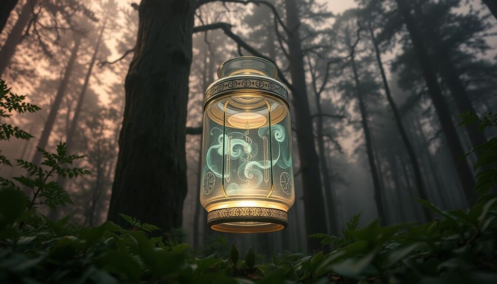 A crystalline healing jar levitating amidst a mystical, twilight-hued forest. Soft, warm light emanates from within the jar, casting a soothing glow on the lush, verdant foliage surrounding it. Delicate glass panels reveal swirling, iridescent energies pulsing at the jar's core. Enchanted runes and sigils are etched along the jar's surface, amplifying its restorative powers. The scene exudes a tranquil, restorative atmosphere, inviting the viewer to bask in the jar's healing energies. A wide, low angle perspective captures the jar's imposing yet serene presence, set against a backdrop of towering, ancient trees and a hazy, twilight sky.