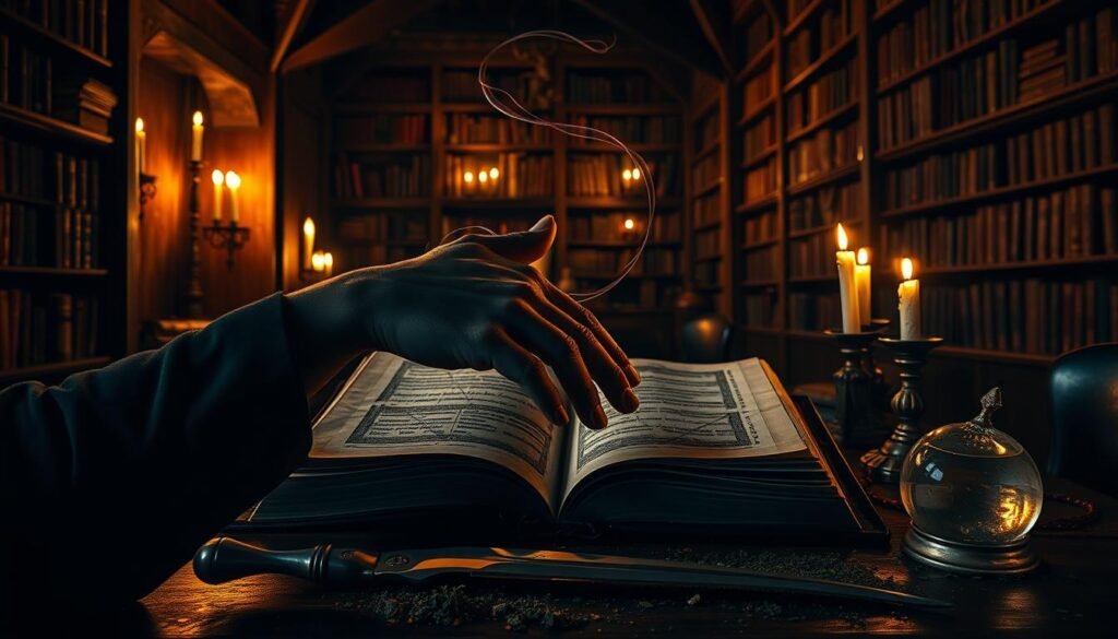 A dark, medieval library illuminated by flickering candlelight. In the foreground, a witch's hand hovers over an ancient tome, its pages glowing with arcane symbols. Shadowy wisps of energy coil around the outstretched fingers, hinting at the binding spell being woven. The middle ground reveals a table strewn with occult implements - a silver dagger, crushed herbs, and a crystal orb reflecting the candlelight. In the background, towering bookshelves cast long, ominous shadows, creating an atmosphere of mystical, ethical restraint.