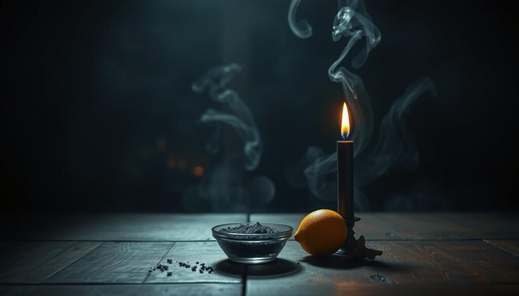 A dark, moody ritual scene featuring the ingredients for a banishing spell. In the foreground, a wooden table holds a small bowl of black salt, a lemon, and a single black candle flickering. Hazy, ethereal light filters in from the sides, casting dramatic shadows. In the middle ground, wisps of smoke or mist curl and swirl, hinting at the unseen energies being dispelled. The background is shrouded in darkness, with just a glimpse of a mysterious, occult-inspired room visible. The overall atmosphere is one of mysticism, power, and the banishment of unwanted forces.