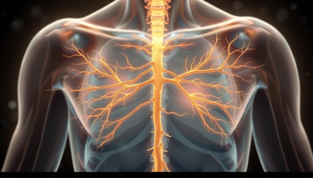 A detailed anatomical illustration of the vagus nerve, highlighted and visible against a stylized, ethereal background depicting the process of breathwork. The nerve branches extend across the torso, with delicate, pulsing lines representing the flow of energy and information through this vital neural pathway. The lighting is soft and diffused, creating an atmosphere of tranquility and focus. The composition emphasizes the interconnectedness of the mind and body, drawing the viewer's attention to the central role of the vagus nerve in regulating physiological responses to stress and anxiety. The overall aesthetic is both scientifically accurate and visually captivating, inviting the viewer to explore the profound relationship between conscious breathing and the nervous system.