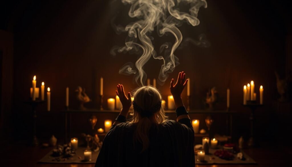 A dimly lit ceremonial altar, adorned with candles, crystals, and sacred symbols. In the foreground, a shaman or high priestess performs a ritual, hands raised in a purifying gesture. Swirling wisps of incense smoke drift through the air, creating an atmospheric haze. The background is blurred, emphasizing the focus on the altar and ritual. Warm, muted lighting casts a reverent glow, conveying a sense of mysticism and spiritual awakening. The scene is captured with a wide-angle lens, providing a sense of depth and immersion.