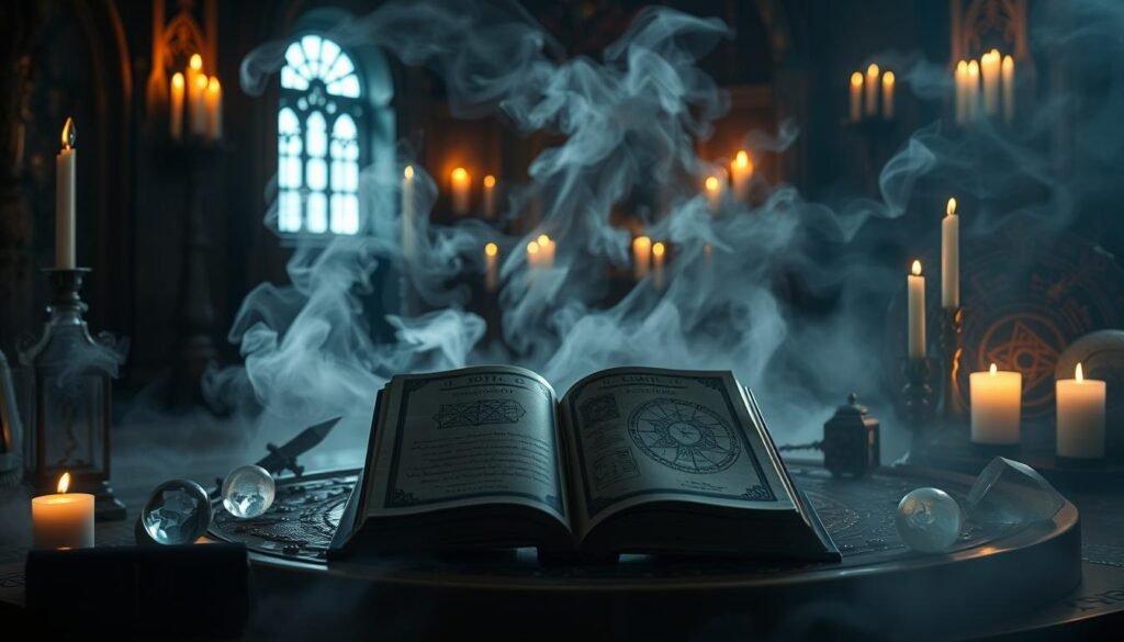 A dimly lit, mystical chamber filled with the flickering glow of candles. In the foreground, an open tome lies upon an ornate table, its pages revealing intricate divination symbols and arcane diagrams. Crystalline orbs, runes, and other arcane divination tools surround the book, creating an atmosphere of ancient, esoteric knowledge. Mist swirls in the background, obscuring the details of the chamber, evoking a sense of the unseen and the hidden. The lighting is soft and shadowy, casting an otherworldly, ethereal ambiance over the scene. The overall mood is one of contemplation, mystery, and the unveiling of the secrets of the unseen world.