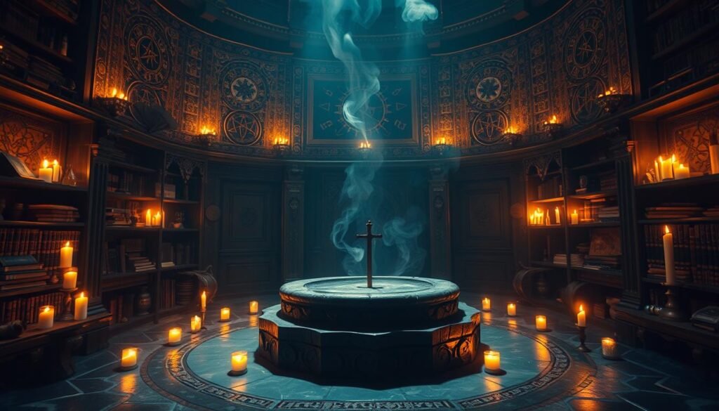 A dimly lit, mystical chamber with an ornate, circular stone altar at the center. Flickering candles cast a warm, amber glow, illuminating intricate tapestries and symbols adorning the walls. Shelves of ancient tomes and crystalline talismans line the periphery, creating an atmosphere of reverence and arcane power. Swirling motes of incense drift through the air, heightening the meditative, otherworldly ambiance. The scene is bathed in a soft, ethereal light, as if infused with the energy of the supernatural. The camera angle is low, conveying a sense of being immersed within this sacred space, ready to begin a ritual of spellcasting.