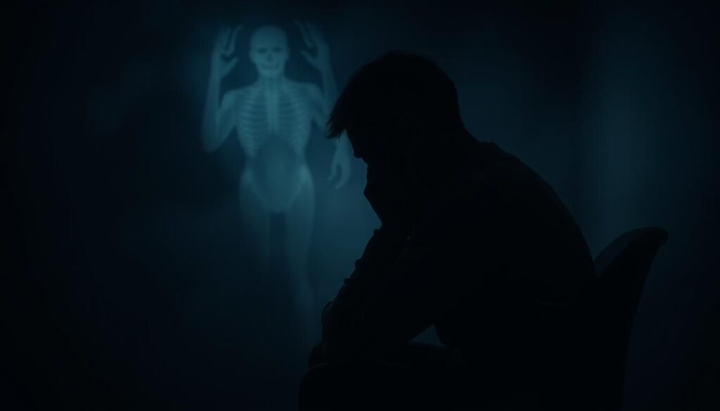 A dimly lit room, the air thick with tension. In the foreground, a figure sits hunched on a chair, their hands trembling as they grip the armrests. Shadows cast across their face, obscuring their features, conveying a sense of unease and isolation. The middle ground is hazy, with muted colors and a sense of claustrophobia, as if the walls are closing in. In the background, a faint, distorted pattern pulses and shifts, a visual representation of the overwhelming anxiety that permeates the scene. The lighting is moody and dramatic, creating a sense of foreboding and unease. The overall composition conveys the overwhelming, debilitating nature of unexplained anxiety and fear responses.
