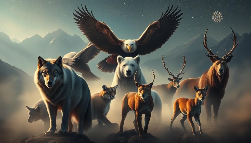 A majestic gathering of revered spirit animals, surrounded by a hazy, ethereal glow. In the foreground, a wise and ancient wolf, its piercing gaze conveying deep-rooted knowledge. Flanking it, a soaring eagle and a grounded bear, each exuding an aura of mystical power. In the middle ground, a nimble cougar and a noble stag, their movements fluid and graceful. In the background, a breathtaking landscape of towering mountains and a starry night sky, infusing the scene with a sense of timeless, primordial wonder. Soft, diffused lighting illuminates the animals, casting dramatic shadows and highlighting their intricate details. The overall atmosphere is one of profound wisdom, spiritual enlightenment, and a profound connection to the natural world.