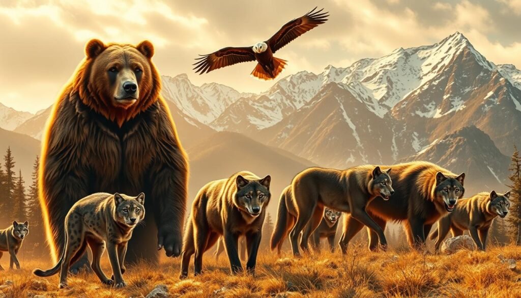 A majestic scene of powerful Native American spirit animals in their natural habitat. In the foreground, a towering grizzly bear stands tall, its powerful muscles rippling beneath its thick fur coat. Nearby, a sleek, agile cougar crouches, its intense gaze scanning the surroundings. In the middle ground, a pack of wolves prowls, their piercing eyes conveying a sense of ancient wisdom. In the background, a bald eagle soars gracefully, its magnificent wings spread wide against a backdrop of rugged, snow-capped mountains. The scene is bathed in warm, golden light, creating a sense of timeless, spiritual energy. The overall atmosphere is one of raw, untamed power and the enduring strength of the natural world.