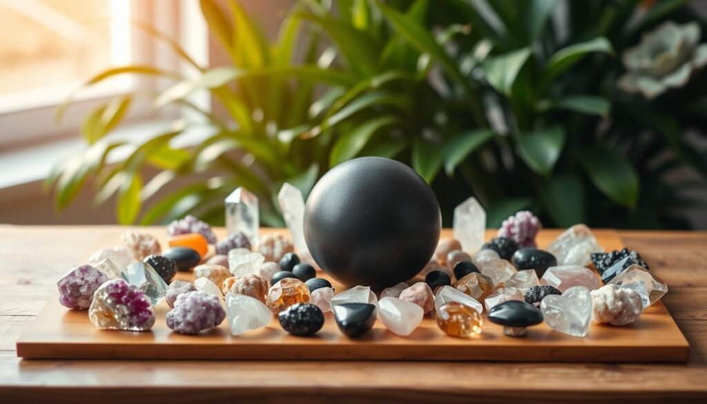 A meticulously arranged crystal grid rests on a wooden table, bathed in soft, warm lighting. In the foreground, an array of clear quartz points, amethyst clusters, and rose quartz hearts are strategically placed, their facets gleaming. The middle ground features a large, polished obsidian sphere at the center, surrounded by smaller stones like citrine, smoky quartz, and black tourmaline. The background showcases a backdrop of lush, verdant plants, creating a serene, nature-inspired atmosphere. The overall composition evokes a sense of balance, harmony, and intention, perfectly suited for a powerful manifestation ritual.
