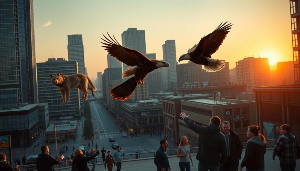 A modern cityscape with skyscrapers and bustling streets, but with the incorporation of native spirit animals. In the foreground, a wolf, bear, and eagle soar through the air, their majestic presence blending seamlessly with the urban landscape. In the middle ground, people going about their daily lives pause to acknowledge the spiritual creatures, some reaching out to interact with them. The background features a vibrant, warm sunset casting a golden glow over the scene, evoking a sense of timelessness and harmony between the traditional and the contemporary. Cinematic lighting and a slightly wide-angle lens capture the grandeur and scale of this unique fusion of the natural and the man-made.