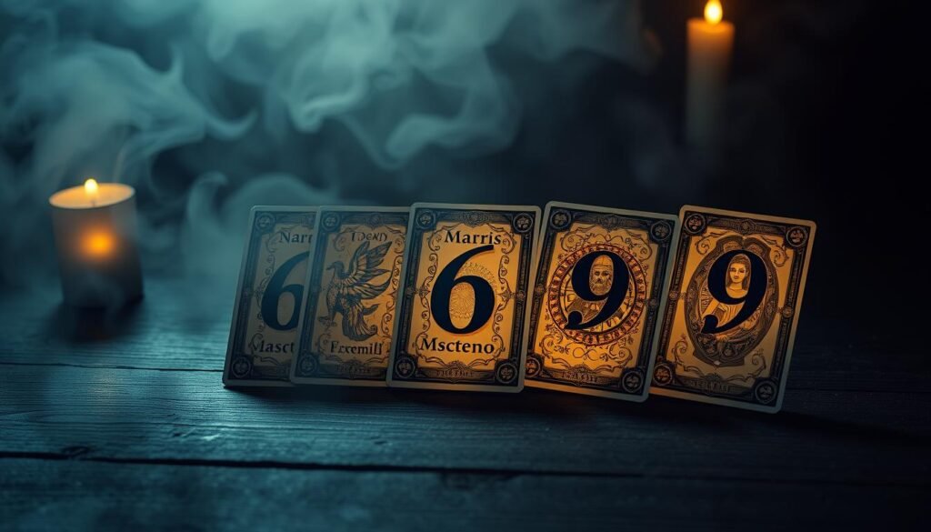 A mystical arrangement of tarot cards, numbers 6 through 9, resting on a dark, wooden table. The cards are illuminated by soft, warm lighting, casting intricate shadows that add depth and dimension. The cards themselves are richly detailed, with ornate illustrations that hint at the hidden meanings and numerological significance of each card. The background is hazy and ethereal, creating a contemplative, meditative atmosphere, inviting the viewer to ponder the secrets of the tarot and the deeper truths of the single-digit numerology. The composition is balanced and symmetrical, drawing the eye to the cards and their symbolic power.