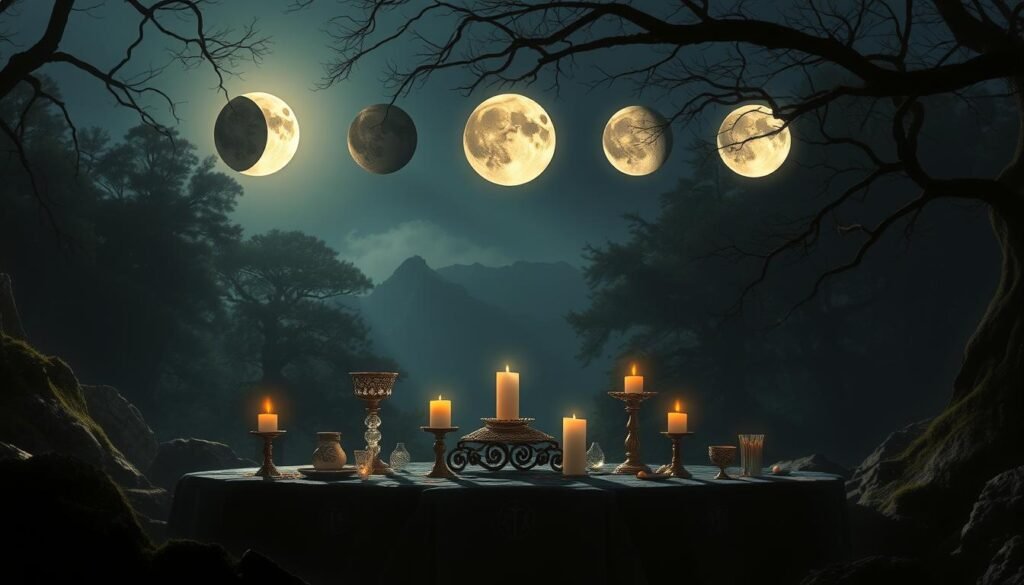 A mystical landscape bathed in the soft, ethereal glow of a waxing and waning moon. In the foreground, an ornate altar adorned with crystalline chalices, burning candles, and delicate, moon-shaped symbols. Hovering above are the phases of the moon, from new to full, their luminous silhouettes casting a mesmerizing pattern across the shadowy, moss-covered rocks. In the background, a lush, twilight forest frames the scene, its branches reaching up towards the celestial bodies. The atmosphere is one of reverence and ancient ritual, imbued with a sense of the lunar cycle's profound influence on spellcasting and the natural world.