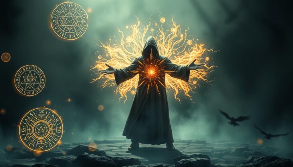 A mystical scene of protective spells casting a glowing energy field. In the foreground, intricate runes and symbols float in the air, radiating a soft, ethereal light. In the middle ground, a cloaked figure stands with hands outstretched, weaving a shimmering barrier of magical energy to shield against unseen forces. The background is shrouded in a moody, atmospheric mist, hinting at the unseen dangers these protective rites are meant to guard against. Dramatic cinematic lighting casts dramatic shadows, heightening the sense of power and mysticism. Rendered with a hyper-detailed, painterly style that captures the arcane and otherworldly nature of these protective enchantments.