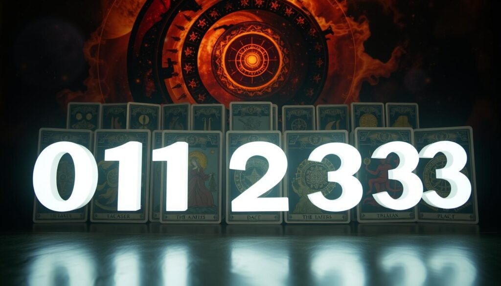 A mystical tableau showcasing the master numbers of the Tarot's 22 Major Arcana. In the foreground, a floating arrangement of the numbers 0, 11, 22, and 33, each emanating a subtle luminescence. Behind them, the 22 iconic Tarot cards stand in a semicircle, their intricate illustrations and symbolic elements rendered in rich, saturated tones. The background is a swirling vortex of cosmic energy, with nebulae, stars, and geometric patterns converging to create a sense of timeless, esoteric power. Dramatic chiaroscuro lighting casts dramatic shadows, heightening the profound, contemplative mood. Captured with a wide-angle lens to convey a sense of grandeur and mysticism.
