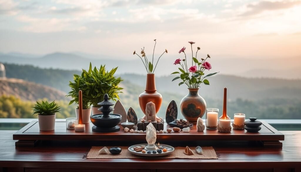 A neatly arranged feng shui altar with a harmonious balance of elements. In the foreground, a wooden altar table holding a tranquil water fountain, burning incense, and a collection of crystals, candles, and natural objects arranged in a sacred geometric pattern. The middle ground features lush, verdant potted plants and a decorative vase with fresh flowers. The background depicts a soothing landscape with a serene sky and soft, diffused lighting, creating a calming, meditative atmosphere. The entire scene exudes a sense of balance, harmony, and spiritual connection.