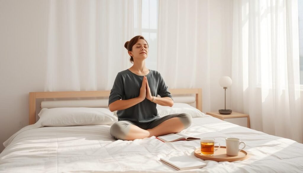 A peaceful bedroom setting, soft morning light filtering through gauzy curtains. On the bed, a person sitting cross-legged, eyes closed, hands resting gently on knees, deeply focused on their breathing. Beside them, a small table with a cup of tea and a journal, signifying a daily self-care routine. The room is clean, uncluttered, creating a calming, meditative atmosphere. The pose and setting evoke a sense of tranquility, inviting the viewer to pause and join in the restorative breathing exercises.