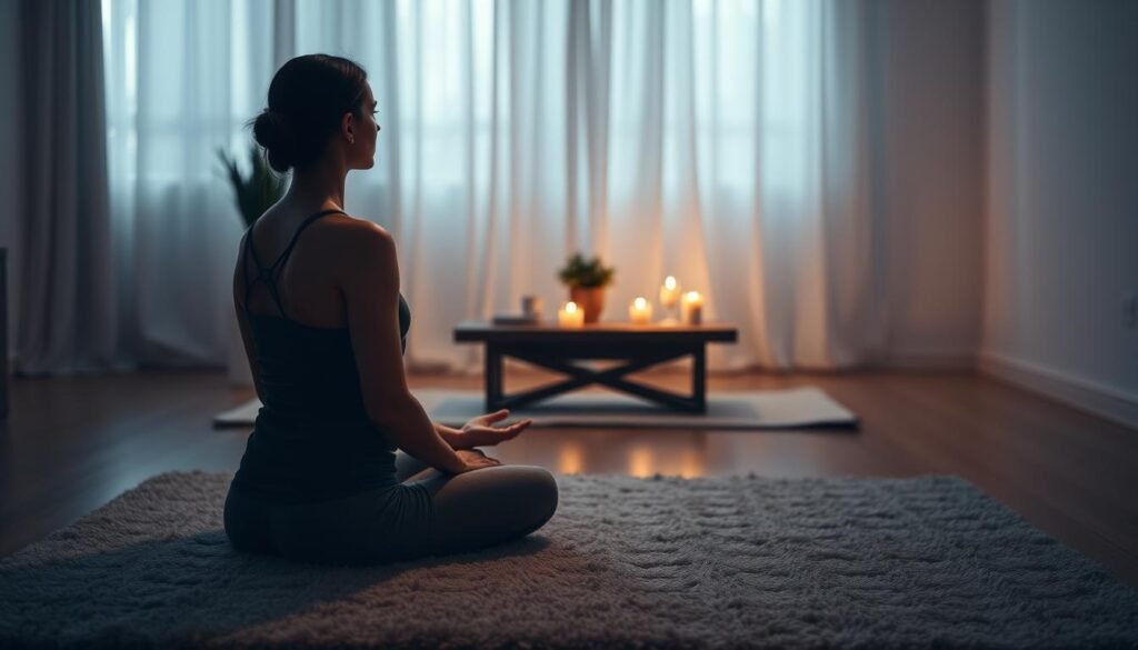 A peaceful, dimly lit room with soft, warm lighting. In the foreground, a person sits cross-legged on a plush, neutral-colored rug, their eyes closed and hands resting gently on their knees. They are dressed in comfortable, loose-fitting activewear. In the middle ground, a simple, minimalist altar or meditation table with a few candles and a small potted plant. The background is blurred, creating a sense of serenity and focus. The overall atmosphere is one of tranquility, mindfulness, and preparation for a meaningful breathing exercise.
