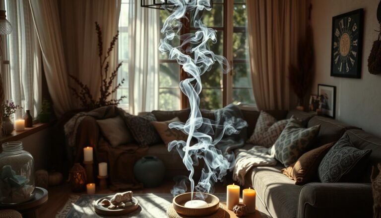 A person performing a smoke cleansing ritual in a witchy decorated living room with crystals and candles