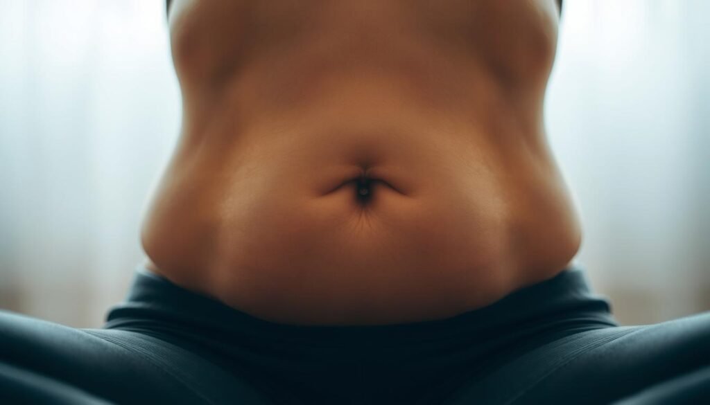 A serene, close-up view of a person's abdomen as they practice diaphragmatic breathing. The focus is on the gentle rise and fall of the belly, showcasing the mechanics of this deep, nourishing breathing technique. Soft, diffused lighting illuminates the scene, creating a calming, meditative atmosphere. The background is blurred, allowing the viewer to concentrate on the core of the breathing process. The overall impression is one of mindfulness, relaxation, and the power of this simple yet transformative breathwork practice.
