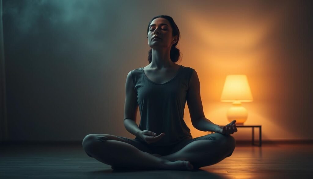 A serene, dimly lit room with a person sitting cross-legged on the floor, their eyes closed in deep concentration as they practice breathing exercises. Soft, warm lighting from a table lamp illuminates their face, creating a sense of tranquility. The background is hazy, with muted colors and a sense of depth, conveying a meditative atmosphere. The person's posture is relaxed yet focused, their hands resting gently on their lap as they inhale and exhale steadily, overcoming the challenges of anxiety and stress through the power of breath.