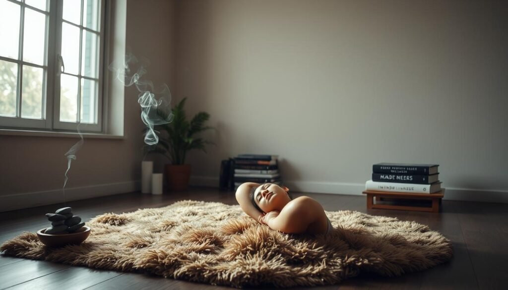 A serene, dimly lit room with natural lighting streaming through large windows. In the foreground, a person sits cross-legged on a plush, earthy-toned rug, their eyes closed in deep concentration as they practice a breathing exercise. Wisps of smoke from a nearby incense burner create a calming, meditative atmosphere. The middle ground features neatly arranged stacks of books on mindfulness and wellness, alongside a small bowl of river stones. The background showcases a minimalist, soothing color palette, with muted tones and soft textures that evoke a sense of tranquility and inner peace.