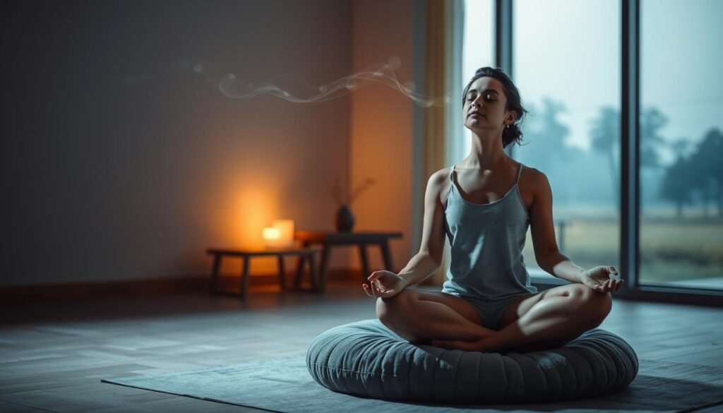 A serene, dimly lit room with soft, warm lighting. In the foreground, a person sits cross-legged on a plush, gray meditation cushion, their eyes closed, deeply focused on their breathing. Wispy, ethereal trails of breath visible as they inhale and exhale. In the middle ground, a simple, minimalist wooden table with a few natural elements like a small potted plant and a candle, adding to the calming ambiance. The background features a tranquil, blurred landscape with soothing natural elements like trees or a body of water, creating a sense of peaceful isolation. The overall mood is introspective, meditative, and stress-relieving.