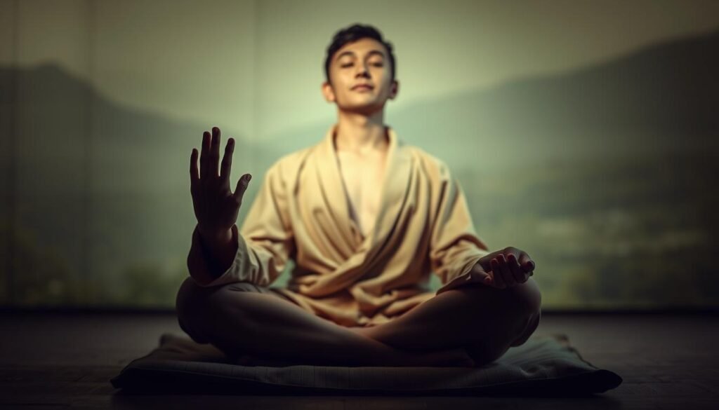 A serene, dimly lit scene of a person sitting cross-legged on a cushion, performing the alternate nostril breathing technique. The foreground focuses on the model's hands gently holding their nose, eyes closed in a state of deep concentration. The middle ground showcases the model's torso, draped in a soft, earthy-toned robe, conveying a sense of calm and tranquility. The background is a blurred, soothing landscape, with muted tones and gentle lighting, creating an atmosphere of balance and focus. The overall scene evokes a sense of mindfulness and inner peace, perfectly capturing the essence of the "Alternate Nostril Breathing for Balance and Focus" section.