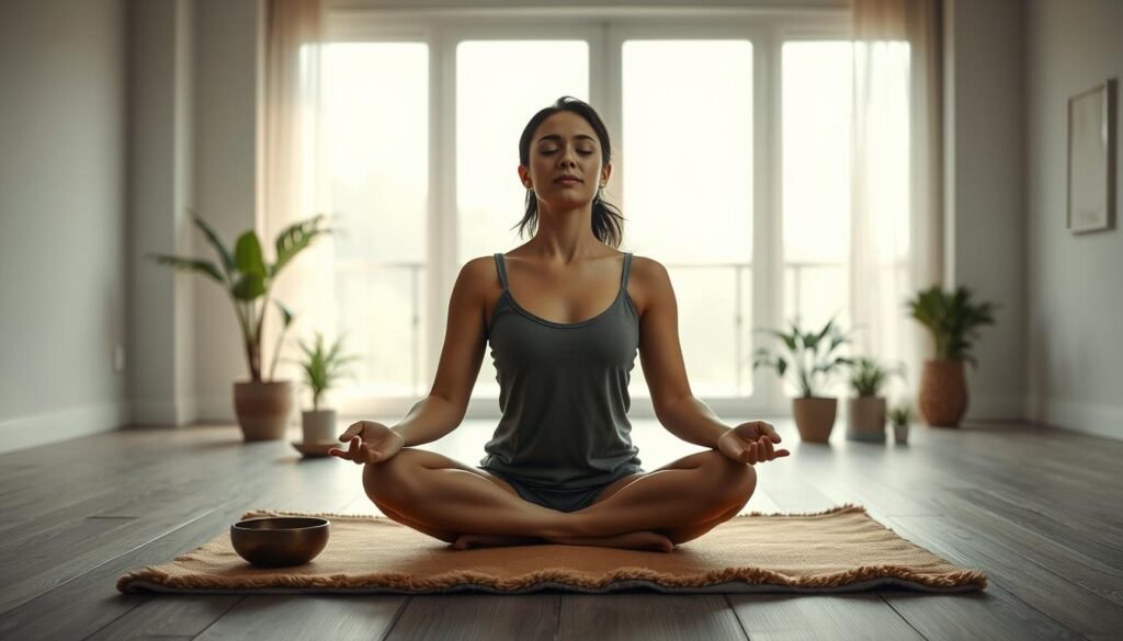 A serene, dimly lit studio setting with soft, diffused natural lighting filtering in through large windows. In the foreground, a person sits cross-legged on a plush, earthy-toned yoga mat, their eyes closed and expression calm as they practice deep, meditative breathing. Surrounding them, potted plants and a few simple meditation props, such as a singing bowl or incense, create a soothing, spa-like atmosphere. The middle ground features a tranquil, blurred background, perhaps with subtle hints of a peaceful outdoor scene, reinforcing the sense of relaxation and mindfulness. The overall mood is one of tranquility, focus, and relief from anxiety.
