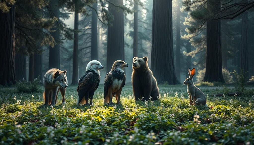 A serene forest glade, bathed in soft, diffused lighting. In the foreground, a group of diverse spirit animals - a wolf, an eagle, a bear, and a rabbit - stand together in a circle, their eyes locked in deep, meaningful exchange. Their expressions are tranquil yet attentive, conveying a sense of profound communication and shared understanding. The middle ground features a lush, verdant undergrowth, with delicate flowers and ferns adding texture and depth. In the background, ancient, towering trees stretch towards the heavens, their branches swaying gently in a light breeze. The overall atmosphere is one of harmony, wisdom, and a deep connection to the natural world.