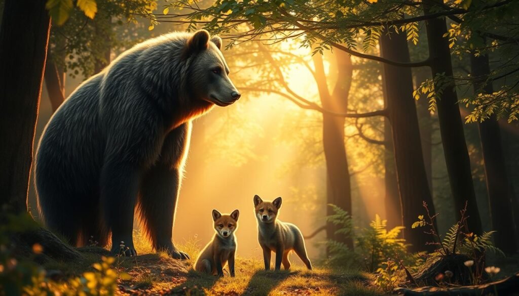 A serene forest glade, bathed in warm, golden sunlight filtering through the lush, verdant canopy. In the foreground, a majestic bear, its fur gleaming, stands protectively over a group of smaller animals - a fox, a wolf, and a deer - all gazing up with trust and reverence. The animals' eyes convey a deep, innate connection, a sense of guidance and nurturing. The background is filled with the soft, earthy tones of the forest floor, with delicate wildflowers and ferns adding pops of color. The overall atmosphere is one of tranquility, harmony, and the sacred bond between these spirit animals and the natural world.