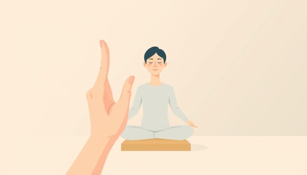 A serene, minimalist illustration of a person practicing alternate nostril breathing. In the foreground, the hands are gently holding the nose, the thumb and index finger closing one nostril while the other nostril is open. The person's eyes are closed, their expression calm and focused. In the middle ground, the person is seated in a comfortable, cross-legged position on a simple, wooden platform or cushion. The background is a tranquil, muted color palette, creating a sense of quiet and introspection. Soft, diffused lighting illuminates the scene, emphasizing the meditative atmosphere. The composition is balanced and harmonious, inviting the viewer to join in the practice of this ancient breathing technique for mental balance and stress relief.