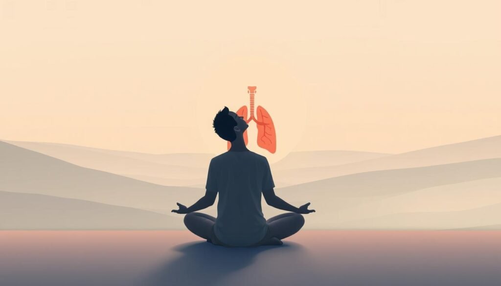 A serene, minimalist illustration showcasing various breathwork techniques. In the foreground, a person sitting in a cross-legged position, performing a focused, diaphragmatic breathing exercise. The middle ground features a simplified visual representation of the respiratory system, highlighting the mechanics of effective breathing. In the background, a soothing, hazy landscape with calming, muted colors, conveying a sense of tranquility and mindfulness. The lighting is soft and diffused, creating a peaceful, meditative atmosphere. The camera angle is slightly elevated, providing a slightly overhead perspective to emphasize the introspective nature of the scene.