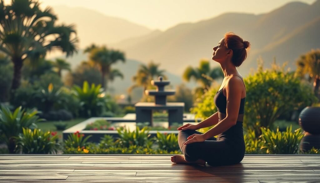 A serene, minimalist scene of a person performing various breathwork exercises in a tranquil, natural setting. The foreground features the person sitting cross-legged on a wooden platform, their eyes closed in deep concentration as they inhale and exhale slowly. The middle ground showcases a lush, verdant garden with vibrant foliage and a calming water feature, creating a soothing ambiance. The background depicts a mountainous landscape bathed in warm, diffused lighting, evoking a sense of peace and harmony. The overall tone is one of mindfulness, relaxation, and the integration of breathwork into a daily wellness routine.