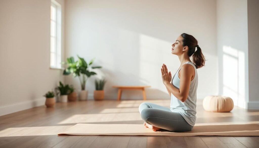 A serene photograph of a man practicing meditation in nature during golden hour. He sits cross-legged on the ground wearing a beige henley sweater and dark brown pants. His eyes are closed and one hand is positioned near his nose in a mudra gesture while the other rests on his knee. The background features a mountain landscape with misty peaks silhouetted against a soft, warm sky. The foreground includes natural vegetation and trees, with tall grass swaying in the wind. The lighting is warm and golden, creating a peaceful atmosphere. The composition is centered with the subject taking up the middle third of the frame, while the mountainous backdrop fills the upper portion and the natural vegetation occupies the bottom third.