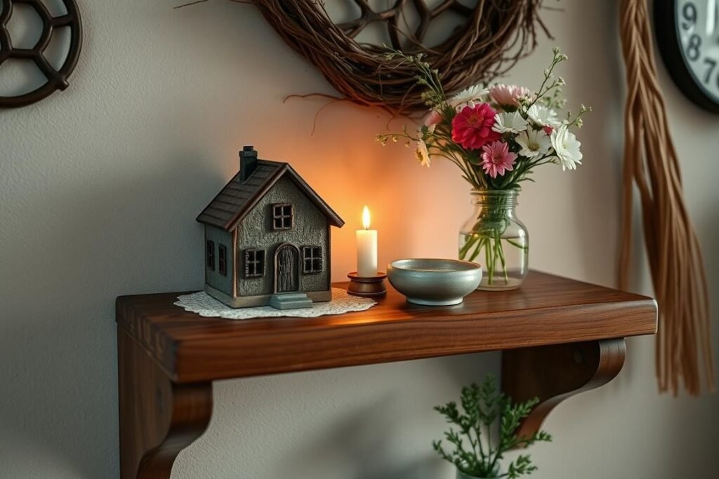 A small house spirit altar with a miniature house, candle, offering bowl, and fresh flowers