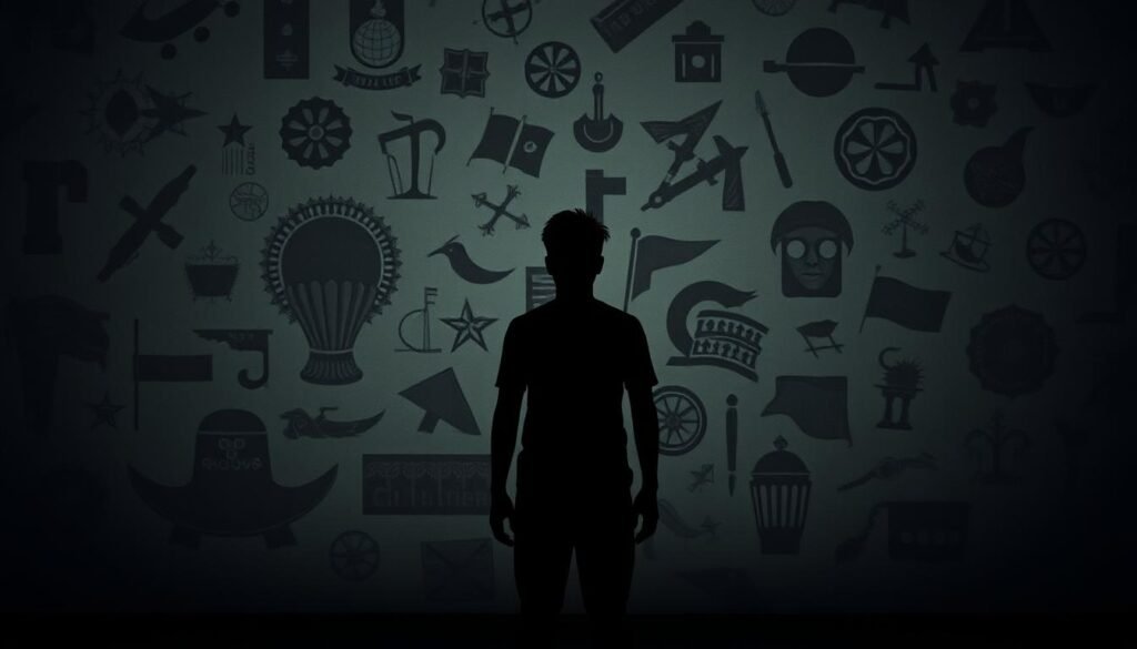 A solitary figure stands in a dimly lit room, their face obscured by shadows. The background is a muted, abstract representation of cultural symbols, fractured and disconnected. The lighting is moody, casting a sense of isolation and inner turmoil. The subject's body language conveys a sense of discomfort and unease, as if they are struggling to reconcile their cultural identity with their surroundings. The overall atmosphere evokes a feeling of cultural disconnection and the challenges of navigating conflicting identities.