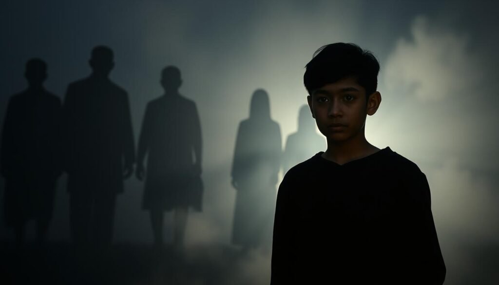 A somber, dreamlike scene depicting the intergenerational impact of trauma. In the foreground, a young person stands, their expression heavy with the weight of inherited pain. Behind them, ghostly silhouettes of their ancestors emerge, their forms fading in and out of focus, a visual metaphor for the lingering influence of the past. The background is hazy, suffused with a moody, atmospheric lighting that casts long shadows, creating a sense of unease and disquiet. The overall tone is one of melancholy and introspection, reflecting the complex and often unseen consequences of generational trauma.
