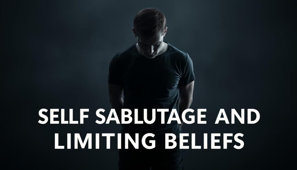 A somber figure stands alone, shoulders hunched, gaze downcast. Their expression conveys a sense of resignation and self-doubt. The background is muted, with a hazy, dreamlike quality, suggesting the internal turmoil of the subject. Shadows loom large, casting a sense of oppression and constriction. The lighting is dramatic, with harsh shadows and highlights, creating a sense of contrast between the subject's inner and outer worlds. The composition is tightly framed, emphasizing the subject's isolation and the weight of their struggles. Overall, the image reflects the theme of self-sabotage and limiting beliefs, conveying a sense of emotional turmoil and the difficulty of breaking free from the constraints of one's own mind.
