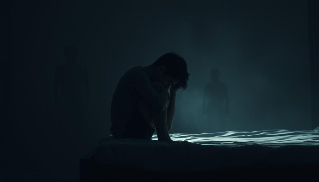 A somber, hazy scene of a young person sitting alone on the edge of a bed, their head buried in their hands. The room is dimly lit, with a muted color palette conveying a sense of melancholy. The figure's posture suggests a weight of grief, their shoulders slumped and their expression hidden from view. In the background, faint silhouettes of previous generations linger, like ghostly reminders of the past. The lighting is soft, casting long shadows that add depth and a sense of isolation to the scene. The overall atmosphere is one of profound sorrow, a visual representation of the burden of generational trauma.