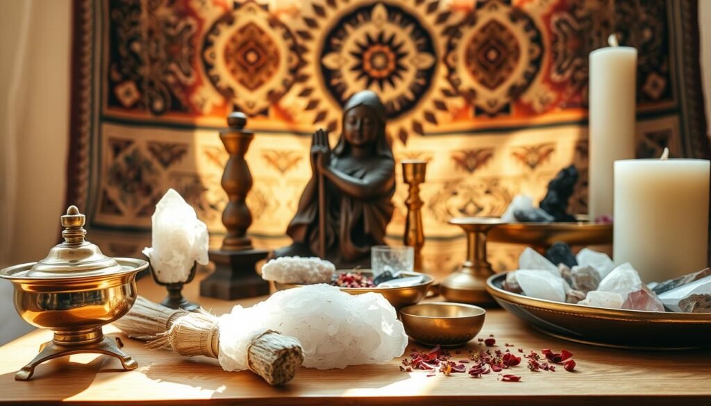 A still life arrangement of various altar materials, bathed in warm, natural lighting. In the foreground, a brass incense burner, a quartz crystal cluster, and a bundle of sage. In the middle ground, a carved wooden statue, a brass candle holder, and a small bowl of dried flower petals. In the background, a tapestry with intricate geometric patterns, a tray of assorted crystals, and a large pillar candle. The composition is balanced and harmonious, conveying a sense of sacred ritual and spiritual practice.