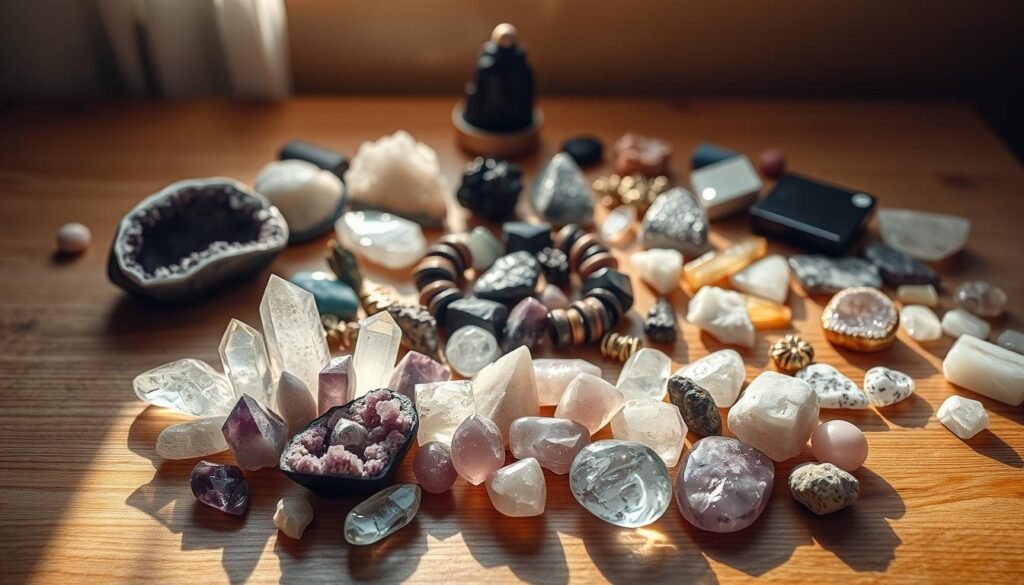 A still life arrangement of various manifestation crystals on a wooden table, illuminated by soft, warm lighting from the side. In the foreground, a cluster of clear quartz points, amethyst geodes, and rose quartz hearts. In the middle ground, a ring of obsidian, hematite, and black tourmaline stones. In the background, a scattering of pyrite nuggets, citrine points, and angelite slabs. The crystals are positioned thoughtfully, casting long shadows and creating a serene, enchanting atmosphere. The camera is positioned at a slight angle, capturing the crystalline textures and natural beauty of these powerful manifestation tools.