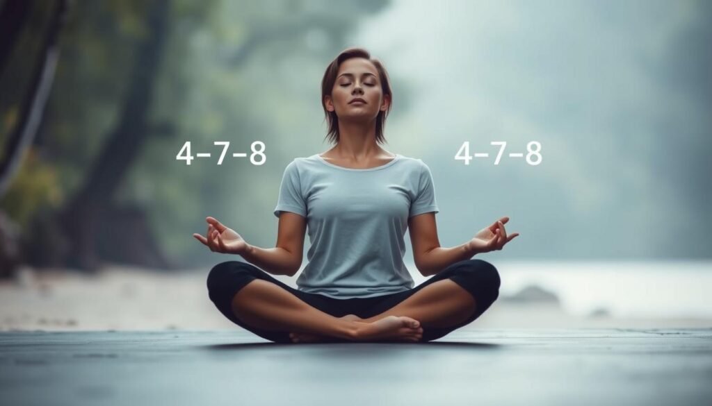 A tranquil, minimalist scene depicting the "4-7-8 Breathing Method". In the foreground, a person sits cross-legged in a meditative pose, their eyes closed and expression serene. They inhale deeply for 4 counts, hold their breath for 7 counts, then exhale slowly for 8 counts. The person's hands rest gently on their lap, palms up. The background is a soothing, blurred natural landscape - perhaps a serene forest or a tranquil beach, with soft, diffused lighting creating a calming, introspective atmosphere. The overall impression is one of deep relaxation, focus, and stress relief.