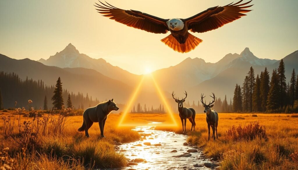 A tranquil scene of Native American spirit animals gathered in a sacred clearing, bathed in warm, golden light. In the foreground, a majestic bald eagle soars overhead, its wings outstretched. Beneath it, a wolf, bear, and deer stand in a triangle formation, connected by an ethereal, glowing energy. In the middle ground, a shimmering stream flows, its banks lined with tall grasses and wildflowers. In the background, towering mountains rise, their peaks capped with snow. The overall atmosphere is one of reverence, harmony, and deep spiritual connection between the animals and the land.