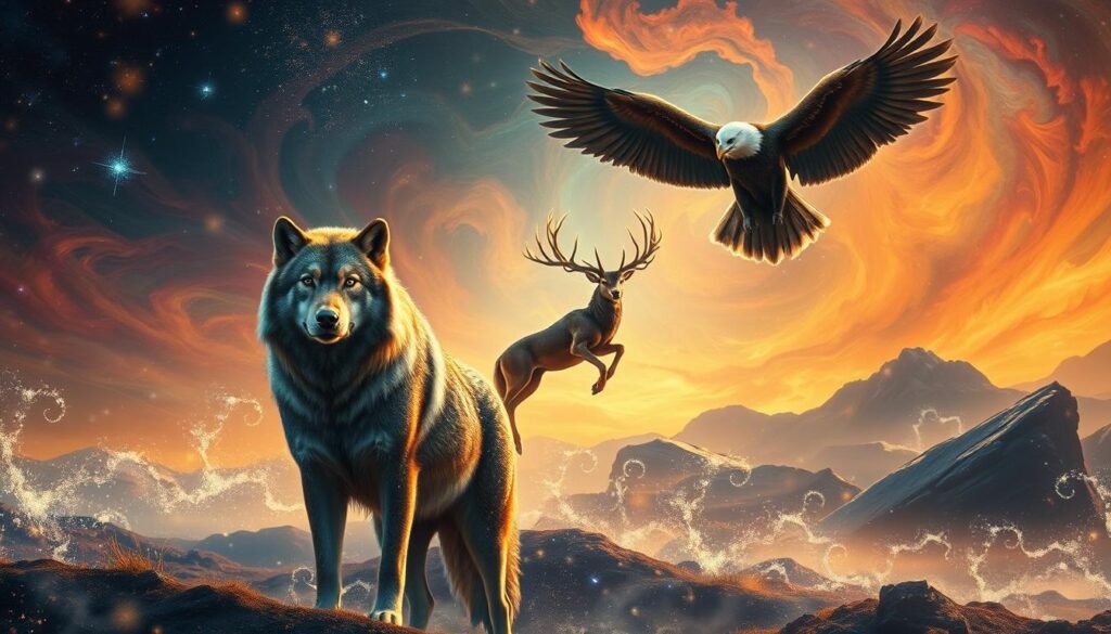 A vibrant, otherworldly landscape where majestic spirit animals emerge from swirling cosmic energy. In the foreground, a powerful wolf, its fur shimmering with celestial patterns, stands tall and proud, its gaze commanding. Behind it, a graceful deer leaps through shimmering eddies of light, its antlers branching into antler-like tendrils that seem to merge with the ethereal atmosphere. In the background, a massive, winged eagle soars against a backdrop of swirling, multi-colored nebulae, its wings outstretched as if to encompass the entire scene. The lighting is a warm, saturated blend of cosmic hues, casting an otherworldly glow across the transformative creatures. The overall impression is one of ancient wisdom, mystical power, and the transcendent connection between the natural and spiritual realms.