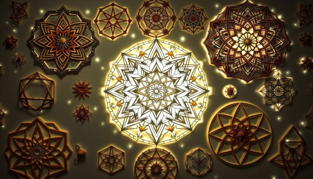 A visually captivating arrangement of sacred geometry patterns, including intricate mandalas, interlocking shapes, and harmonious fractals. The patterns are illuminated by a soft, diffused light, creating a serene and meditative atmosphere. The composition features a balanced, symmetrical layout with a focus on the central motifs, surrounded by complementary geometric elements that draw the eye inward. The overall effect is one of tranquility, balance, and a sense of connection to the profound principles of sacred geometry.